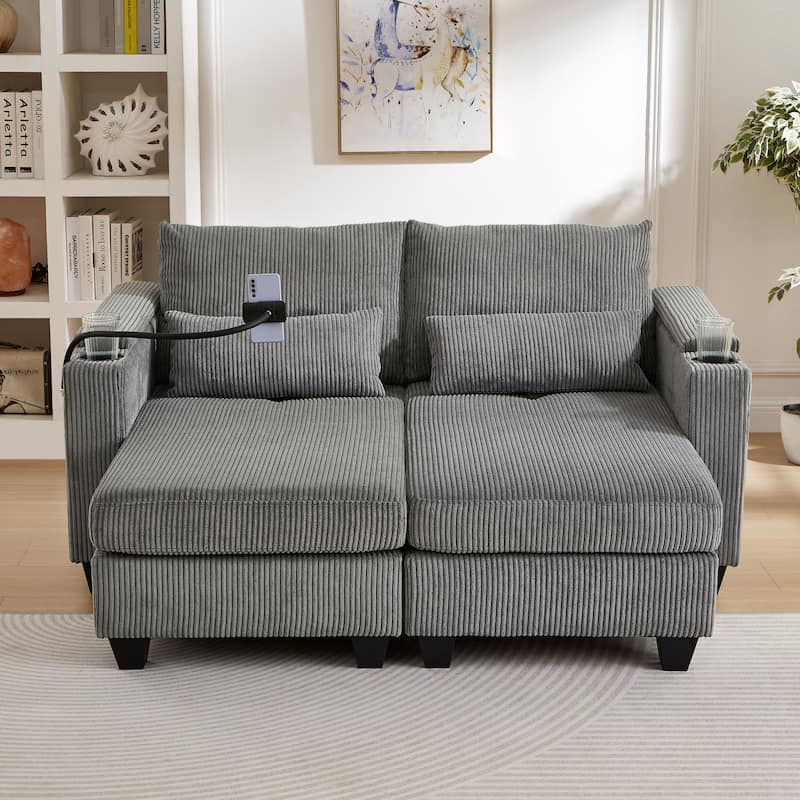 63" Convertible Chaise Lounge Chair, Corduroy Upholstered Sofa Bed with USB Ports & Cup Holders, Living Room Loveseat Sofa