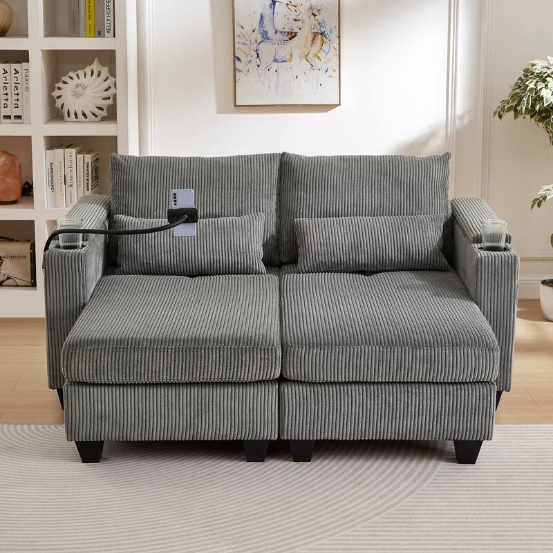 Sofa Chair with Armrests, 2-in-1 Corduroy Loveseat & Chaise Lounge, Sofa Bed Sleeper Sofa with Cup Holders & Side Pockets