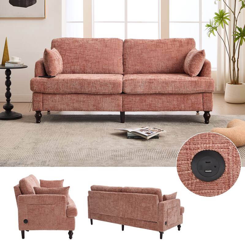 Modern Style Chenille 2-Seater Wood-Legged Sofa With Led Light, Usb Charging Port And Storage Bag Living Room Bedroom Study Room - Pink