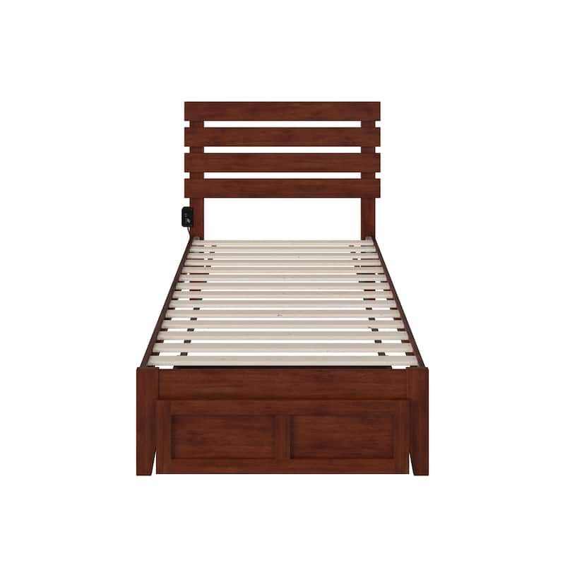 Twin XL Bed with Drawer & USB Charger - Modern Farmhouse Style - Walnut Finish - 81.5"L