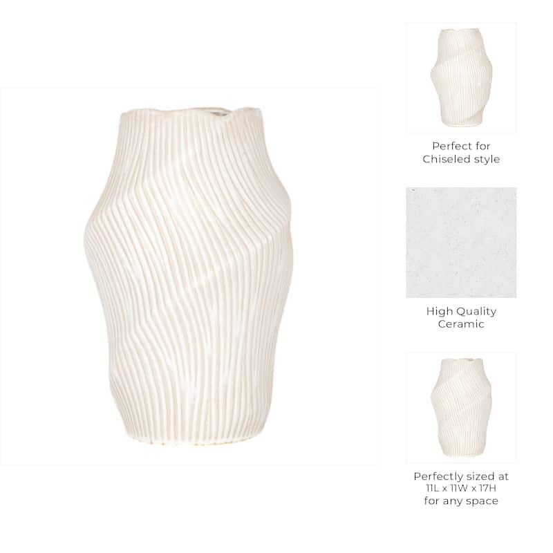 Ceramic Decorative Vase with Ribbed Texture Sculptural Hollow Design