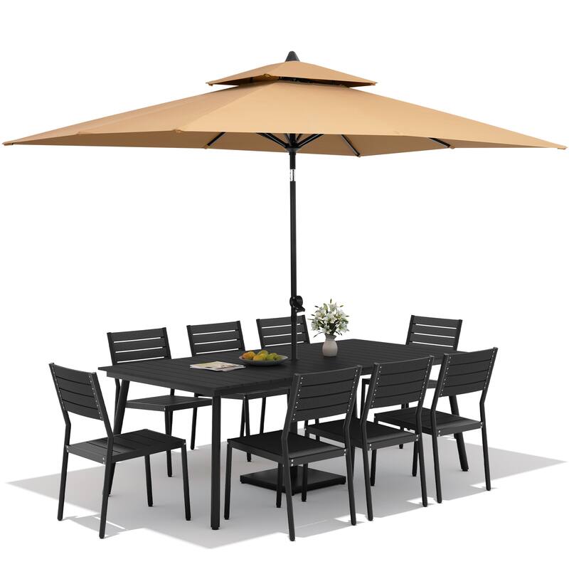 11PC Outdoor Patio Dining Set Aluminum Table with Stackable Chairs w/ Market Umbrella Set