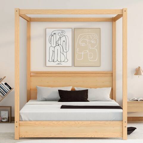 Queen Wooden Canopy Platform Bed with Headboard & Support Legs,Natural