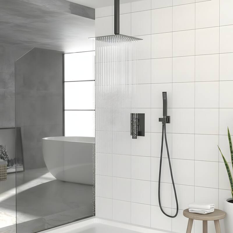 Ceiling-Mounted Square Shower System and Handheld Showerhead Set