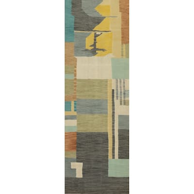 Hand Woven Oriental 100% Wool Carpet Southwestern Modern Multi-Colored Kilim Runner Rug - 10' 0'' X 2' 7''