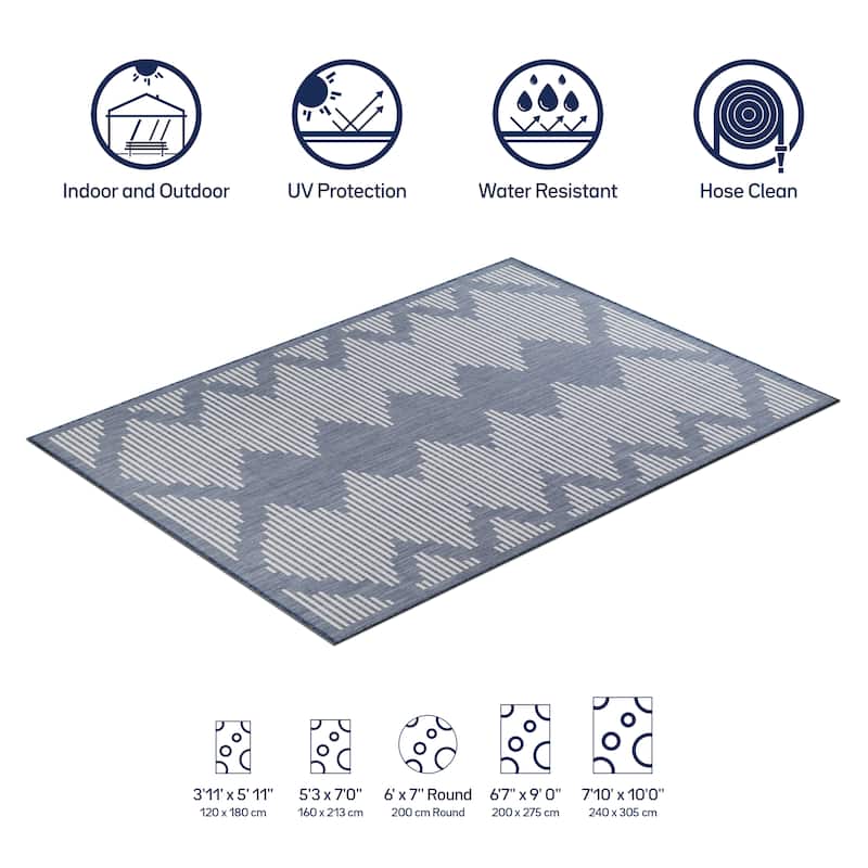 Beverly Rug Blue Geometric Indoor Outdoor Rug, Outside Carpet for Patio, Deck, Porch