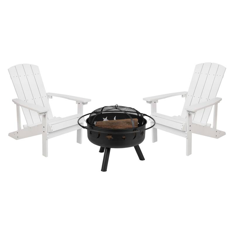 Star and Moon Fire Pit with Mesh Cover & 2 Poly Resin Adirondack Chairs