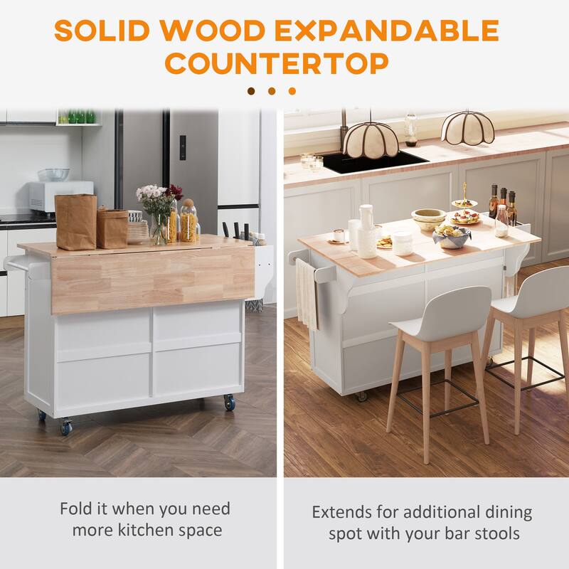 HOMCOM Rolling Kitchen Island on Wheels Utility Cart with Drop-Leaf and Rubber Wood Countertop, Storage Drawers, Dark Grey