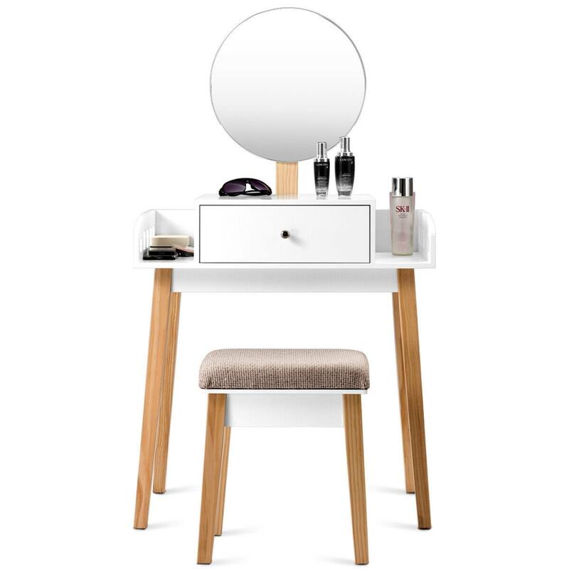 Wooden Makeup Dressing Mirror Table Set with 1 Drawer - 27.5" x 17" x 49.5" (L x W x H)