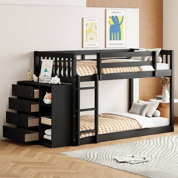 slide 2 of 60, Wooden Floor Bunk Bed Frame with Storage Drawers, 3 Shelves, Full-length Guardrail and Reversible Ladder for Kids, Teens Espresso - Twin