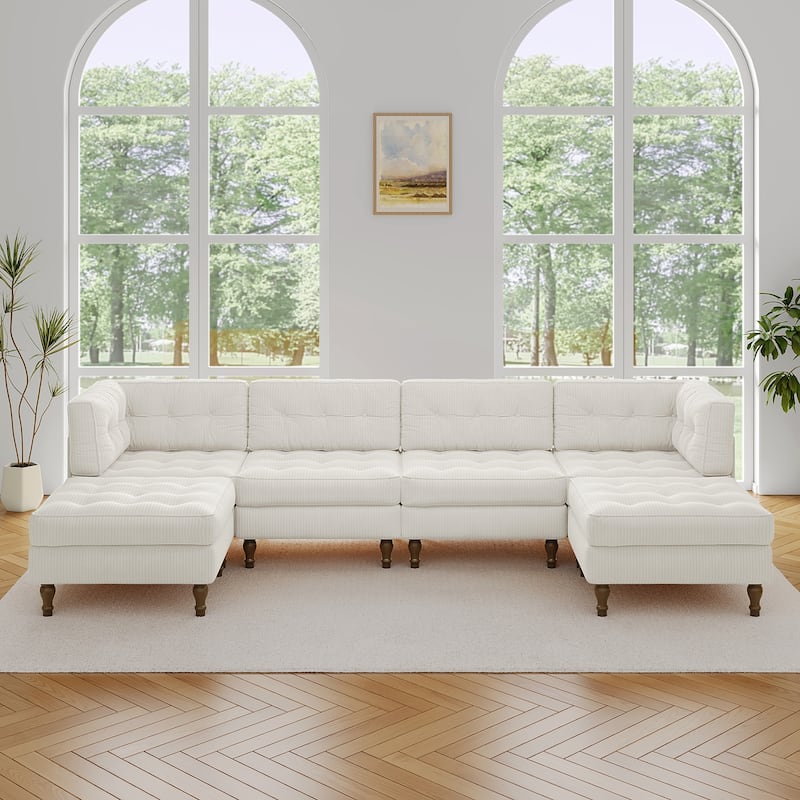 130"W Corduroy Upholstered Modular Sectional Sofa with Storage Ottoman - Beige
