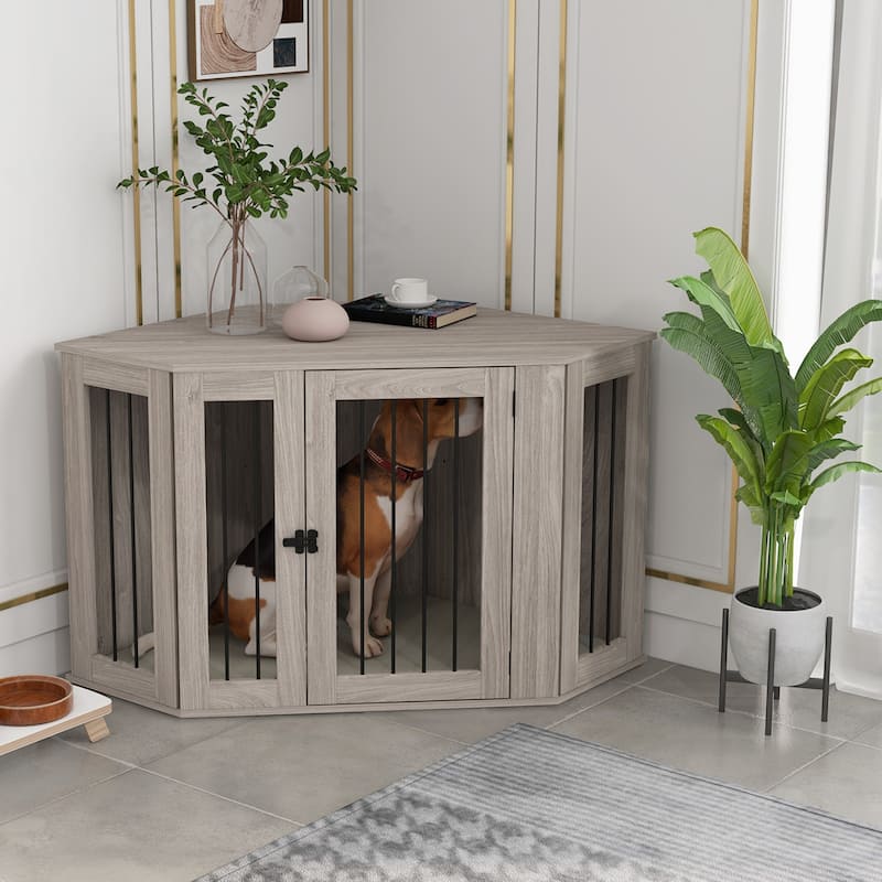 Walnut Brown and Cream White Dog Crate Side Table with Removable Cushion Spacious Interior - Walnut Brown