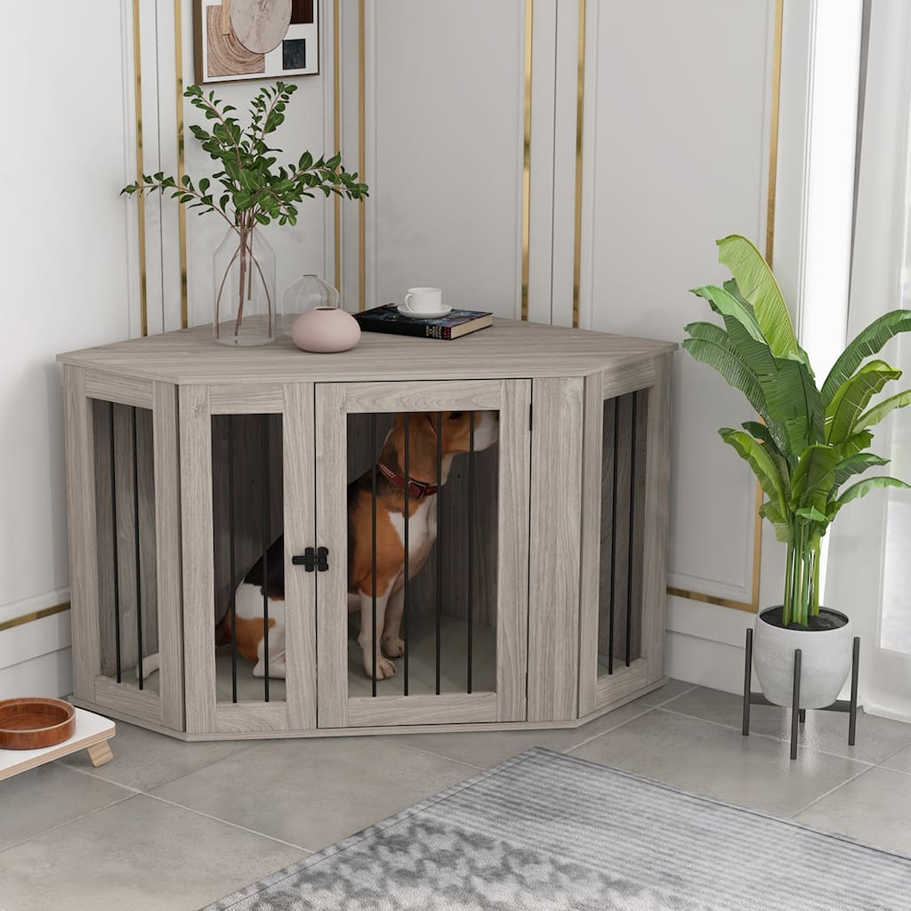 Walnut Brown and Cream White Dog Crate Side Table with Removable Cushion Spacious Interior
