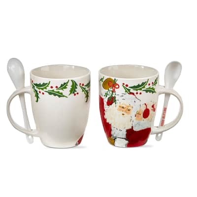 Mistletoe Vintage Santa Mug with Spoon - 12oz Bone China Drinkware for Christmas - Dishwasher Safe - Multicolor