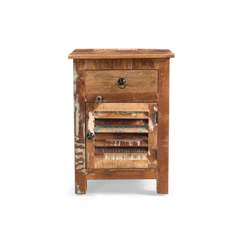 Roomfitters Handcrafted Side Table with Drawer and Cabinet, Recycled Wood with Boho Finish, Natural