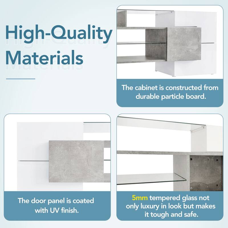 Roomfitters Modern Unique Shape TV Cabinet with 2 Glass Shelves, High Gloss Media Consolefor TVs up to 88", Grey