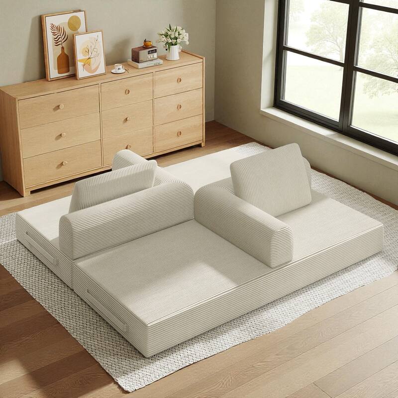 Convertible Corduroy Sleeper Sofa Bed, 3-Seat Folding Floor Couch with Cylindrical Pillow & Fixed-Shape Frame