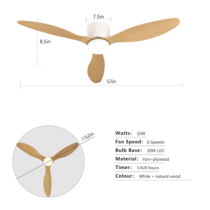 52-inch Ceiling Fan with Light, Ultra-Slim Flush-Mount Design, 3 ABS Plastic Blades, Remote Control Included