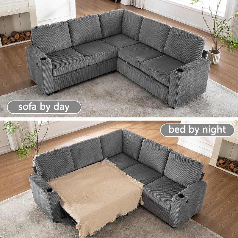 83.66" L-Shaped Sectional Sofa with Storage and Pull Out Bed