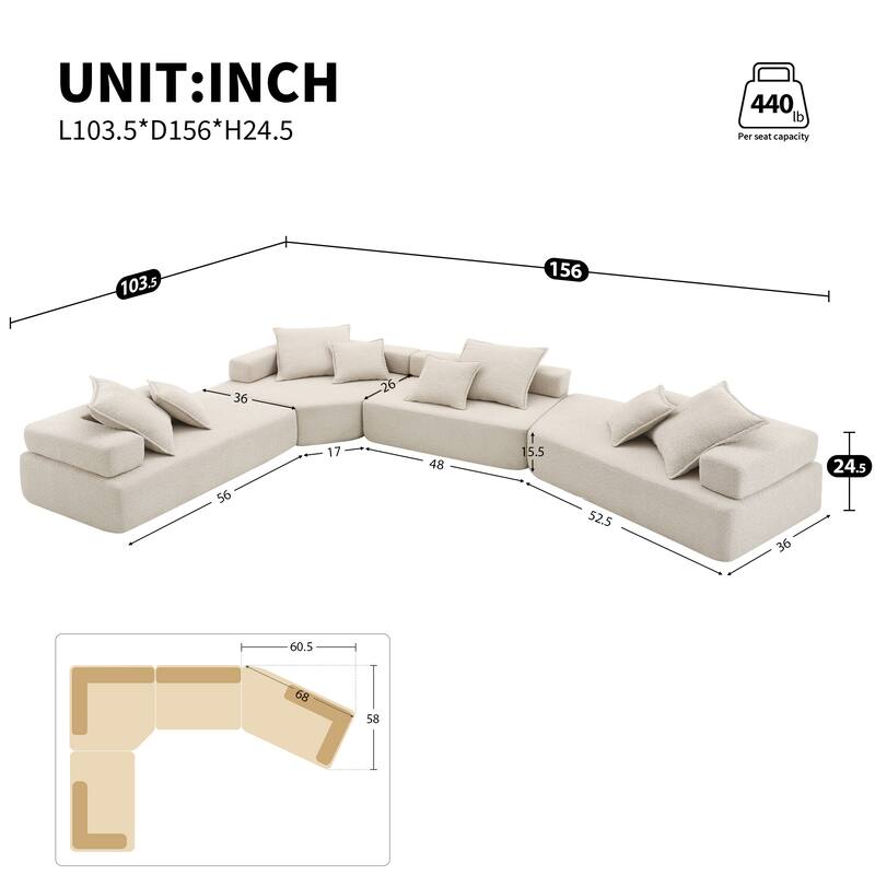 156" Boucle U-Shaped Modular Sectional Sofa, 8 Pillows