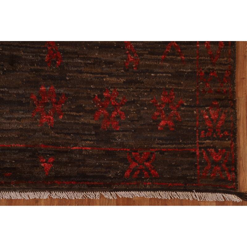 Dark Brown Tribal Moroccan Oriental Area Rug Hand-knotted Wool Carpet - 6'7" x 9'11"