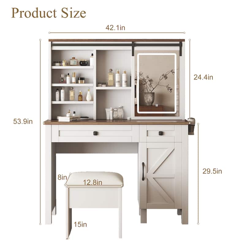 Makeup Vanity w/ Sliding Mirror,Light,Hairdryer Holder,Charging Socket