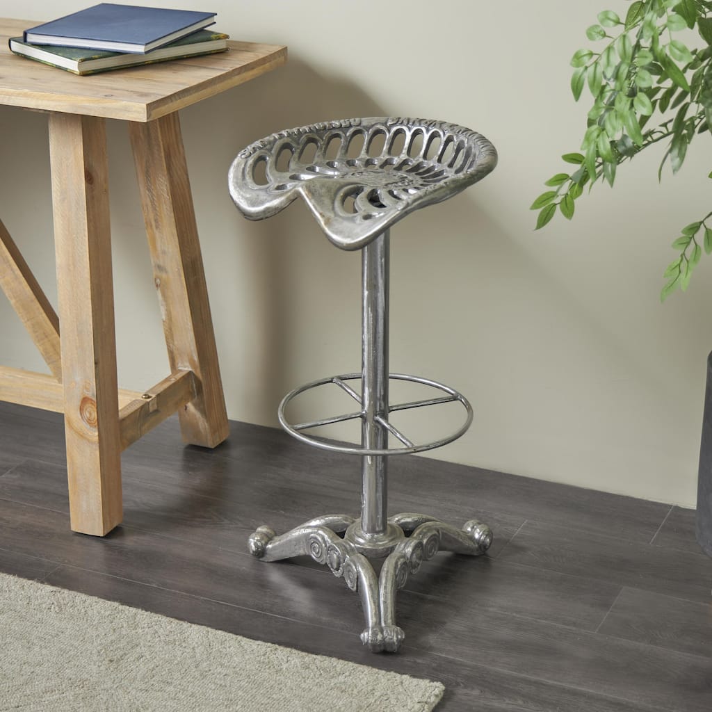 Silver Metal Weathered Antique Cast Iron Scroll Bar Stool with Cutout Textured Seat and Footrest - 17"W x 17"L x 31"H