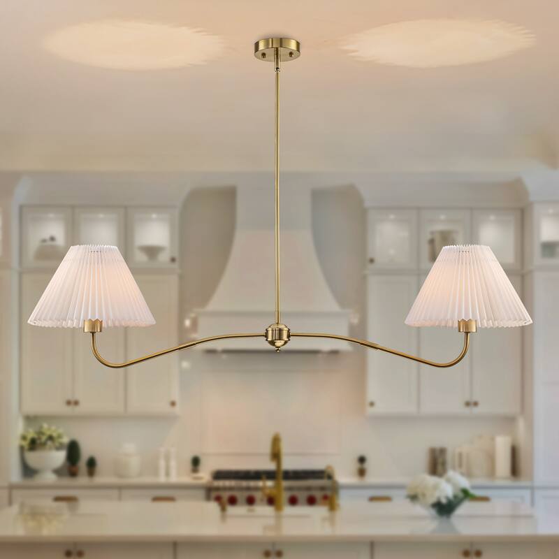 2-Light Linear Pleated Fabric Pendant Light - Gold