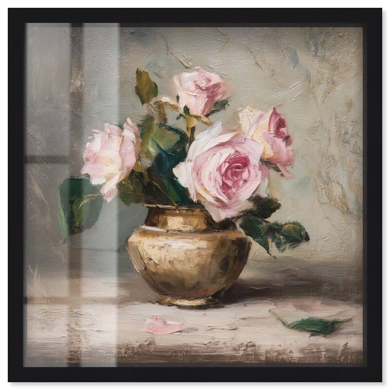 Pink Petals and Brass Shadowbox by Art Remedy - Black - 24" x 24"