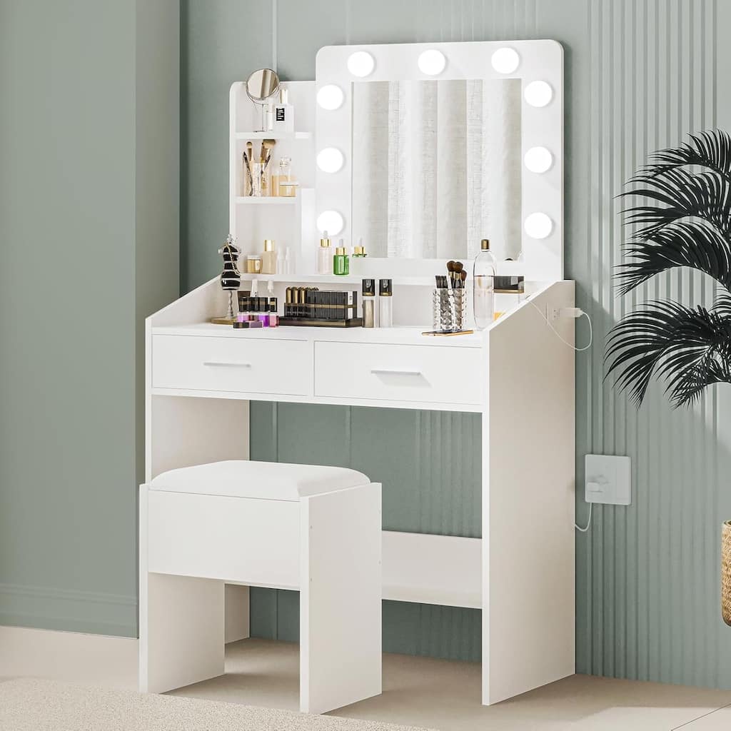 Vanity Set with 3-Color LED Mirror, Makeup Desk with Power Outlet, 2 Drawers & Stool, Modern Dressing Table for Bedroom