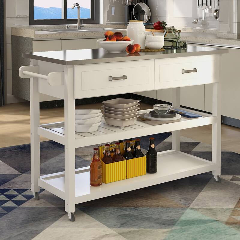 Mobile Dining and Coffee Table, Stainless Steel Tabletop Kitchen Cart with Two Storage Drawers and Storage Shelves