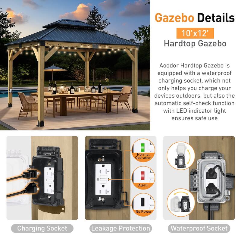 Aoodor 10 x 12 ft Wooden Frame Gazebo with 2-Tier Galvanized Metal Hardtop Roof, Outdoor Patio Gazebo with Charging Socket