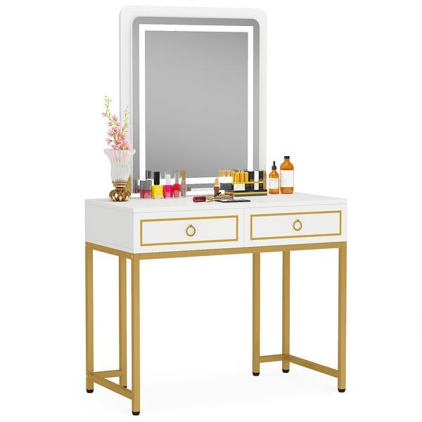 White and Gold Makeup Vanity Table with LED Lights and 2 Drawers for
