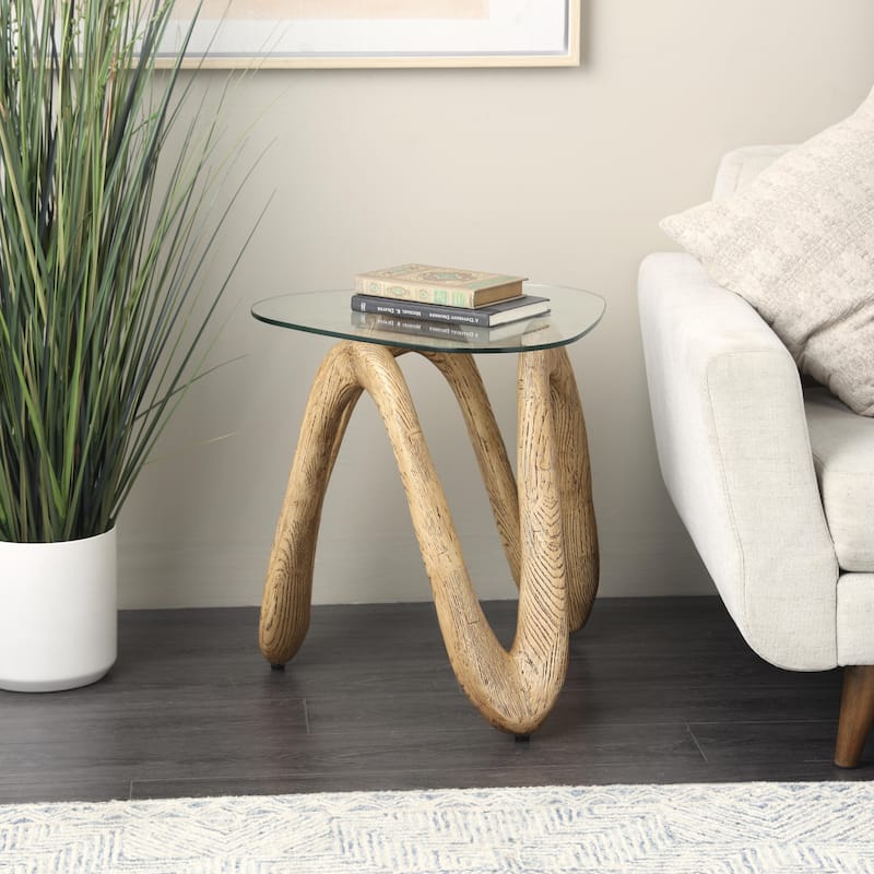 Polystone Abstract Wood Grain Inspired Wavy Accent Table with Glass Tabletop - Light Brown or Beige - Roche River Decor