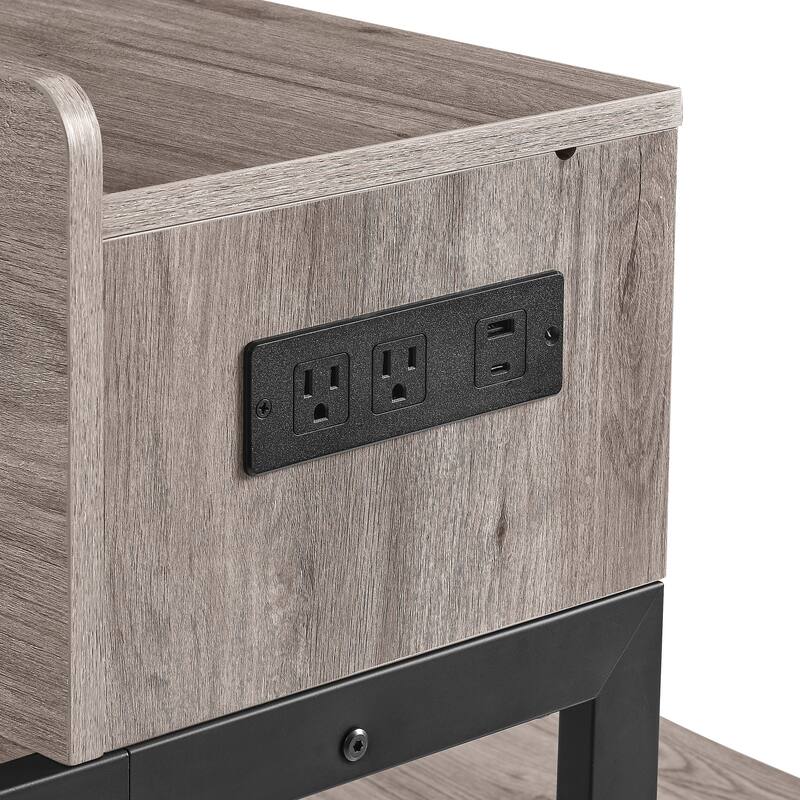 Counter Height Bar Table Set with Power Socket & LED Light, Farmhouse 4-Piece Dining Table Set with 3 Saddle Stools