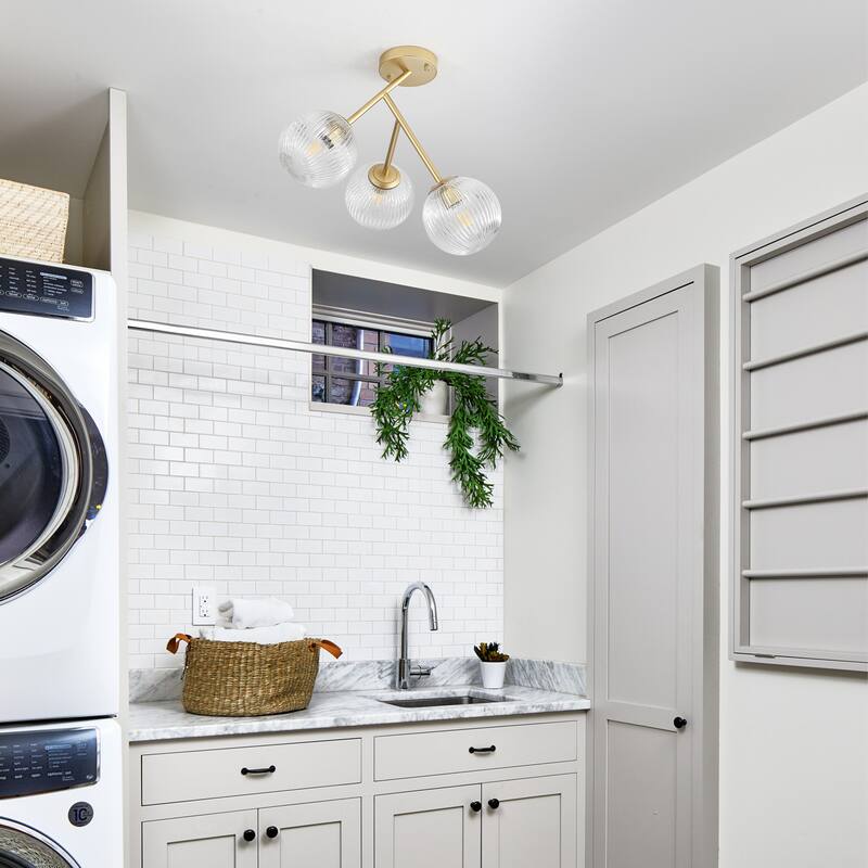 Modern 3-Light Semi-Flush Mount Light with Ribbed Glass Shades