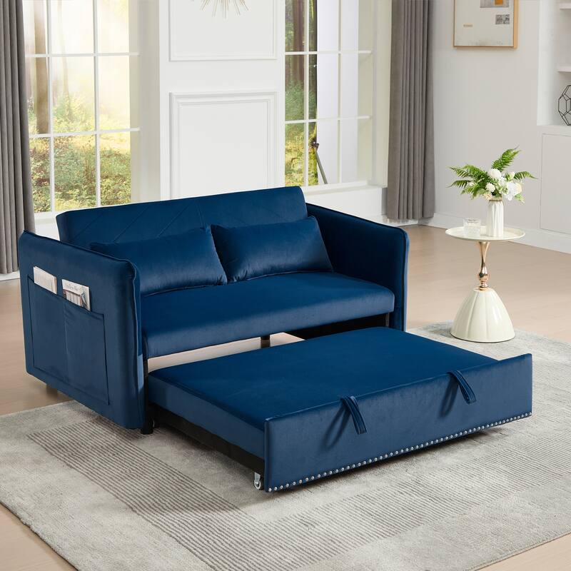 Small Convertible Sofa Bed, 55" Velvet Loveseat Couch with Pull-Out Bed, Pillows, Adjustable Backrest & Side Pockets