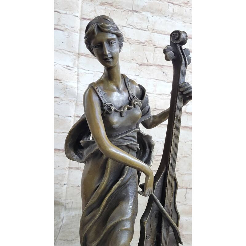 Signed Victorian Lady Playing Cello Bronze Marble Sculpture Statue Art Deco Gift