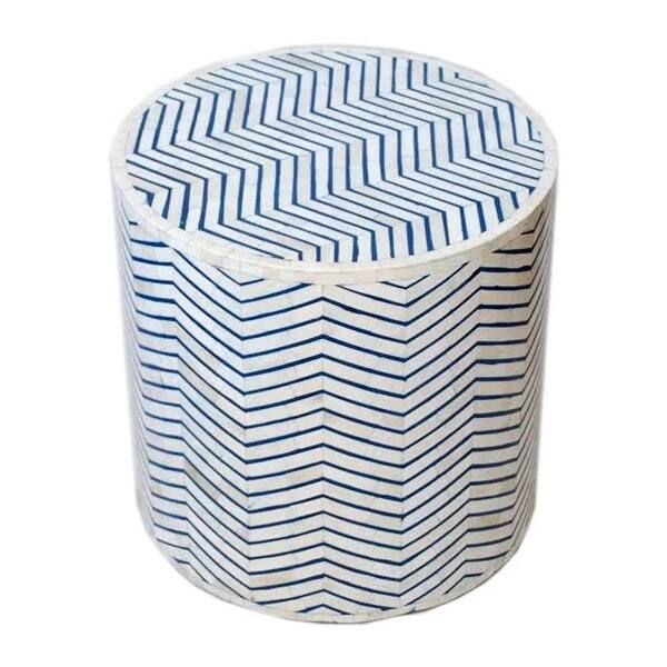 Zigzag Bone Inlay Round Drum Side and End Table Size L Bed Bath