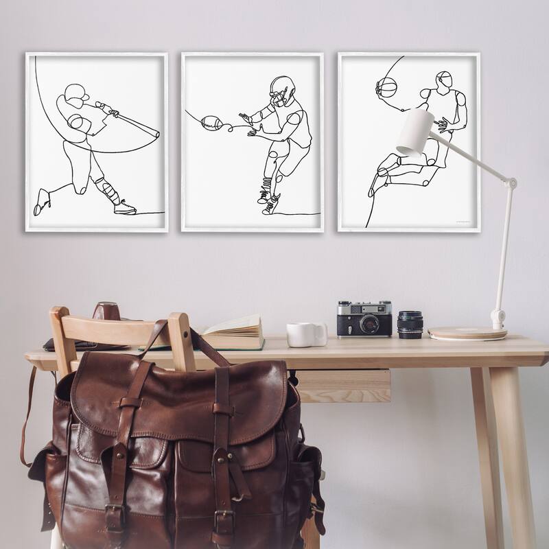 Stupell Simple Line Doodle People Playing Sports Baseball Football Basketball Framed 3 Piece Wall Art - Black