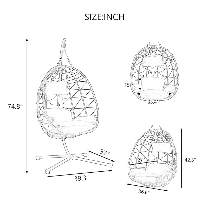 Egg Chair Basket Chair with Water-Resistant Cushions, Outdoor Swing Chair Patio Wicker Hanging with Stand