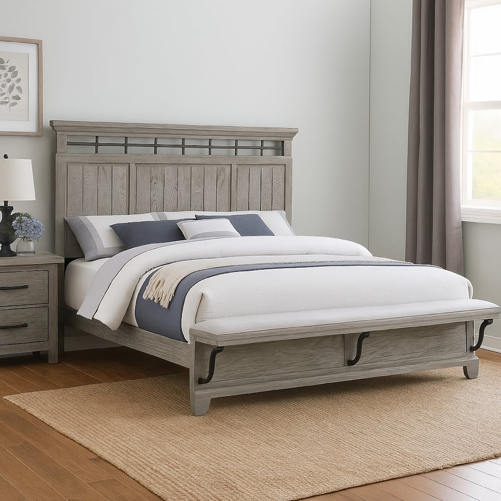 Bix Queen Size Bed w Upholstered Footboard, Light Gray Wood Grain