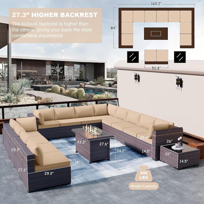 Kullavik 15 Pieces Outdoor Patio Furniture Set with Fire Pit Table