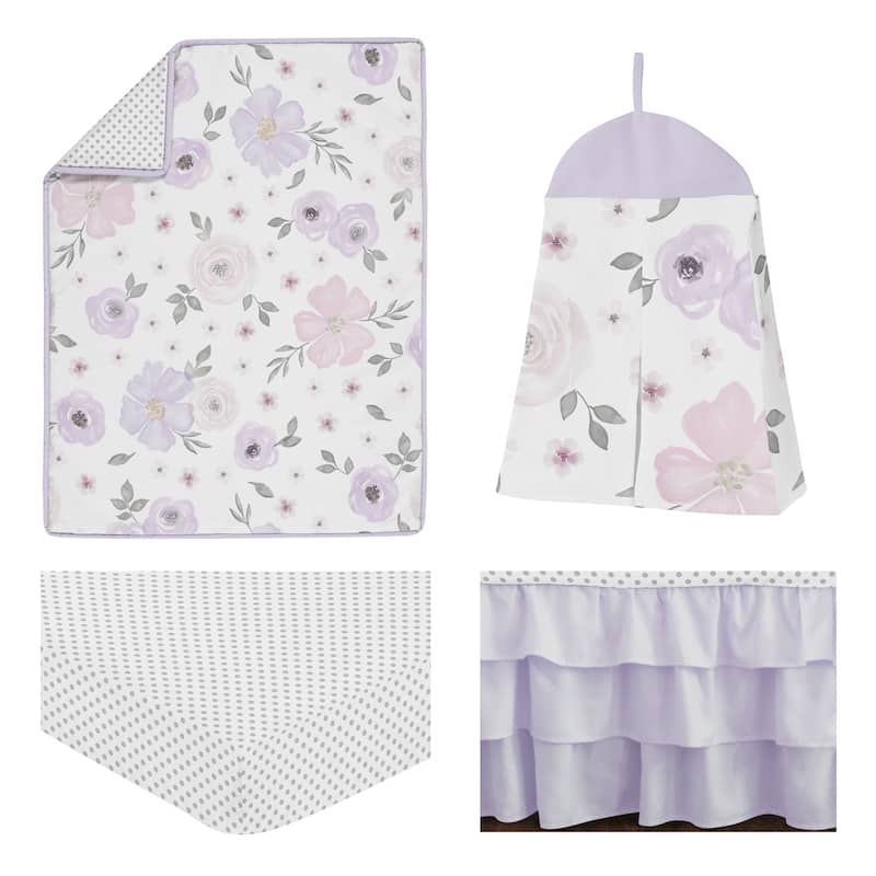 Sweet Jojo Watercolor Floral Lavender Shabby Chic 4-piece Nursery Crib Bedding Set