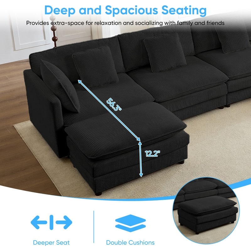 Mixoy 148''Oversized Modular Sectional Sofa, U-Shaped 6-Seater Corduroy Upholstered Deep Seat Sofa with 2 Movable Ottomans - 4+2