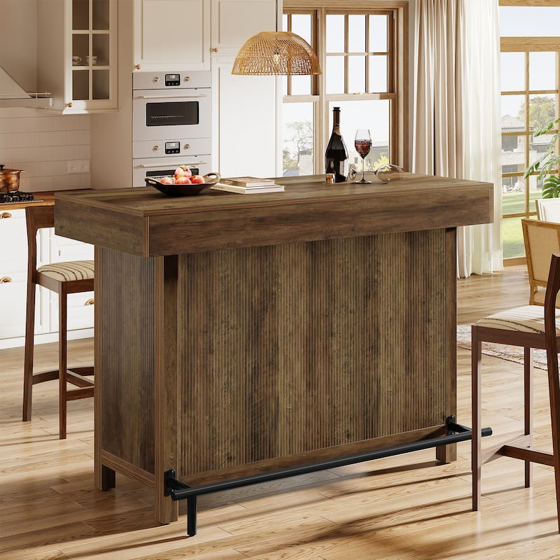 57-Inch Large Home Bar Unit, 2-Tier Mini Bar Table with Footrest for Kitchen, Home, Living Room, Counter Height Pub Table, - Dark Brown & Black
