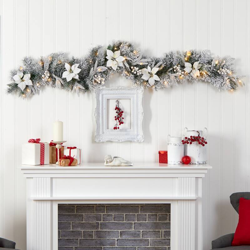 Christmas Garland 6Ft with Warm White Lights - Holiday Decor, Berry Accents, Artificial Evergreen - 72