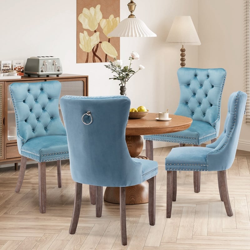 Solid Wood Velvet Upholstered Dining Chair Set of 2 - Light Blue