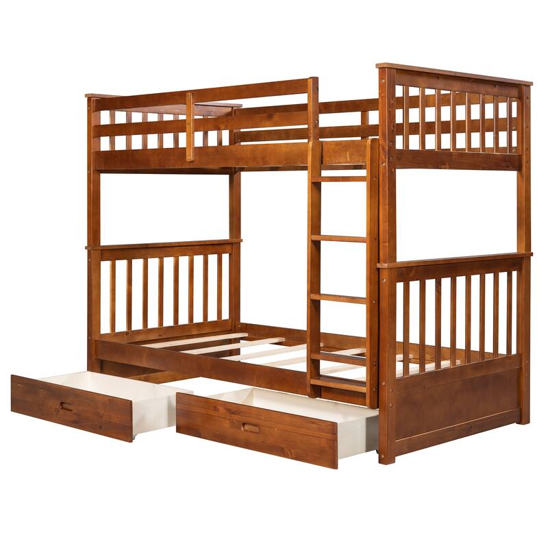 Twin Over Twin Bunk Bed Convertible 2 Platform Beds, Wooden Panel Bed with Ladder, Guardrail and 2 Drawers