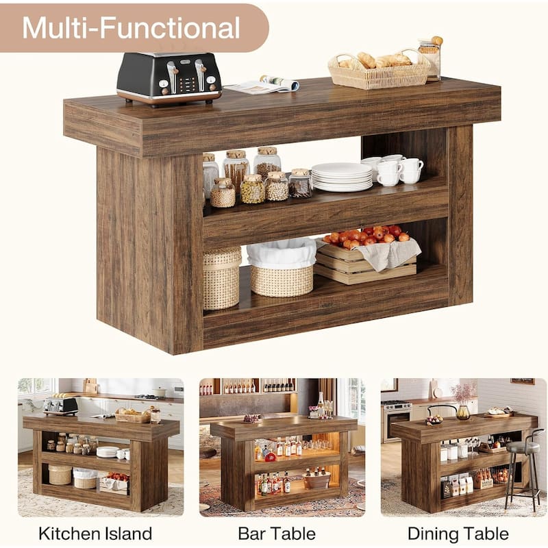 3-Tier Kitchen Island with Storage, Farmhouse Stationary Island Table, Coffee Bar Table